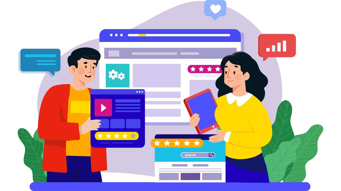 Illustration of two business owners optimizing their website and social media together, showcasing customer reviews, search, and engagement.