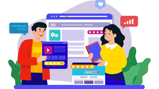 Illustration of two business owners optimizing their website and social media together, showcasing customer reviews, search, and engagement.