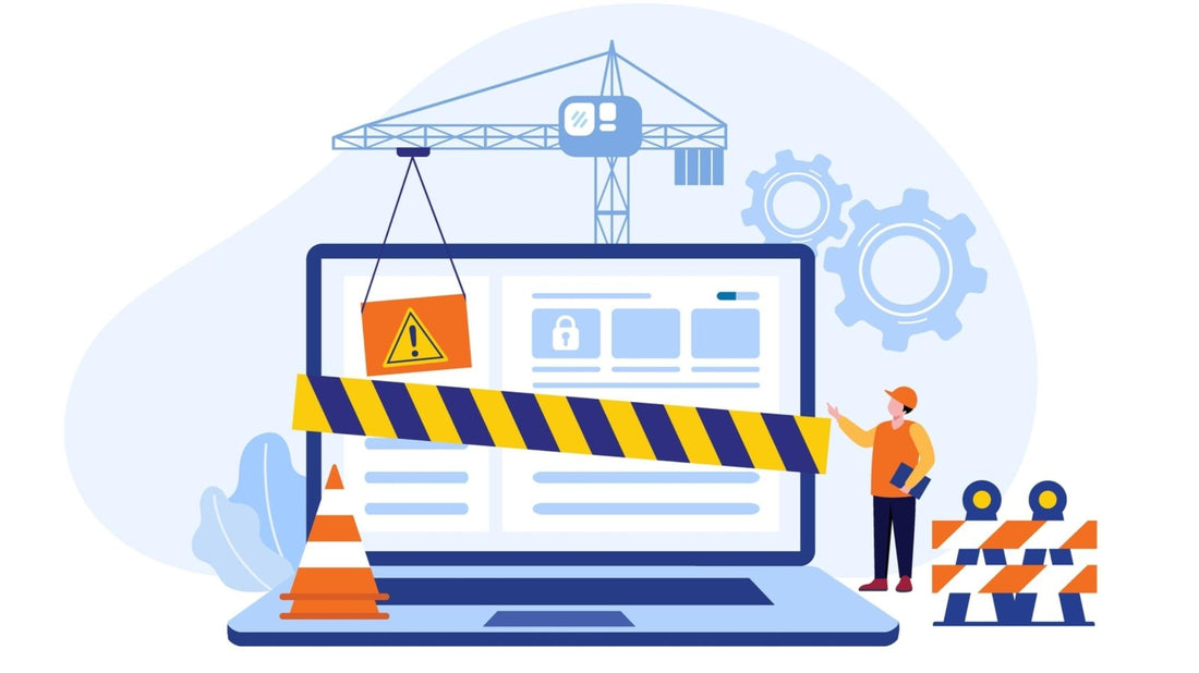 Illustration of a website under construction with caution tape and a worker, symbolizing website fixes and SEO optimization.