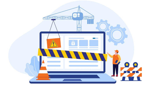 Illustration of a website under construction with caution tape and a worker, symbolizing website fixes and SEO optimization.