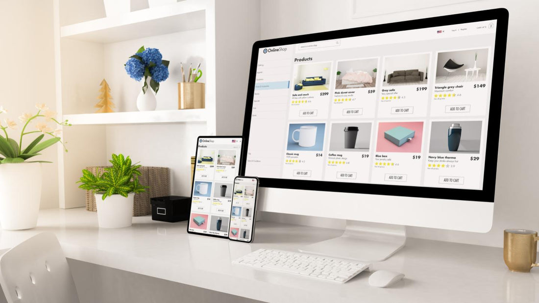 E-commerce website displayed on a desktop, tablet, and smartphone, showcasing an online store for local businesses to sell products digitally.