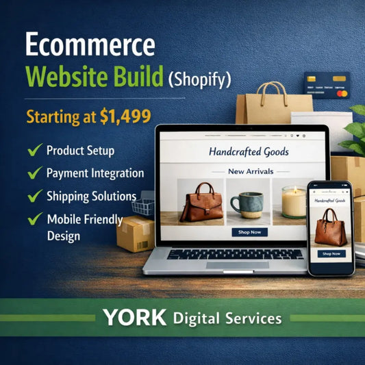 Square graphic showing an ecommerce website displayed on a laptop and mobile phone, representing a Shopify ecommerce website build for small businesses