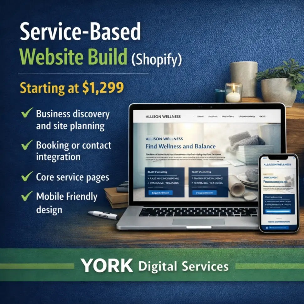 Square graphic showing a service-based website displayed on a laptop and mobile phone, representing a Shopify website build for service businesses