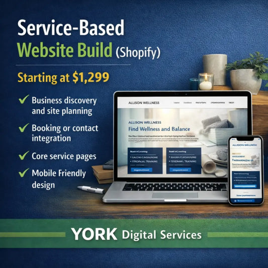 Square graphic showing a service-based website displayed on a laptop and mobile phone, representing a Shopify website build for service businesses