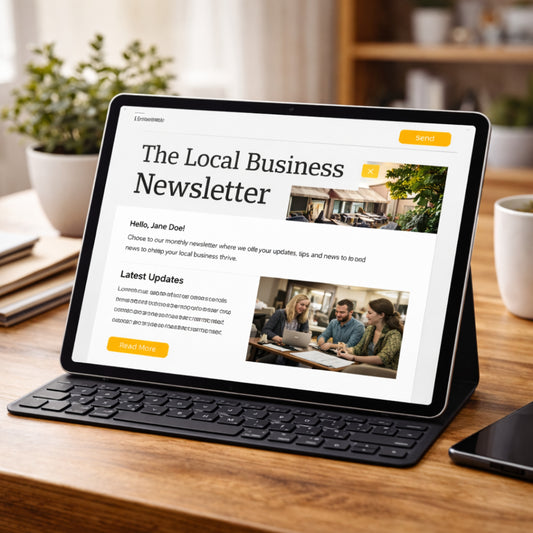 Tablet displaying a local business email newsletter on a desk, showing a simple newsletter layout for email setup and communication
