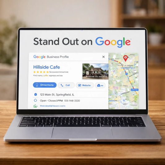 Laptop displaying a Google Business Profile and map, showing how a local business can stand out on Google Search and Maps