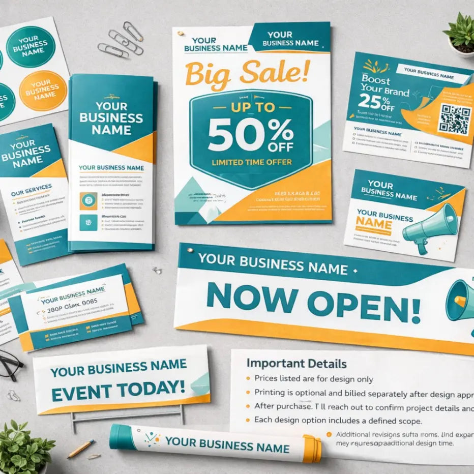 Bird’s-eye view of assorted marketing materials including flyers, business cards, brochures, banners, stickers, and digital graphics branded with “Your Business Name”