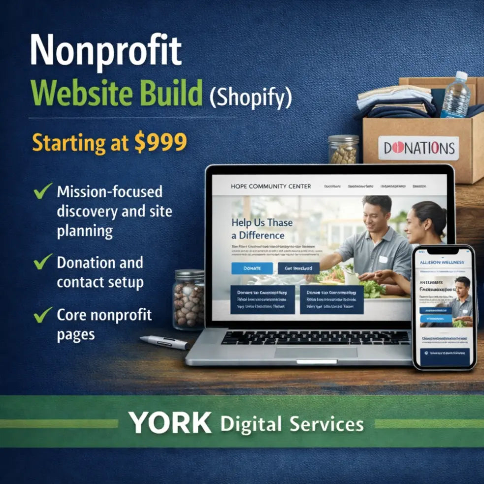 Square graphic showing a nonprofit website displayed on a laptop and mobile phone, representing a Shopify website build for nonprofit and community organizations