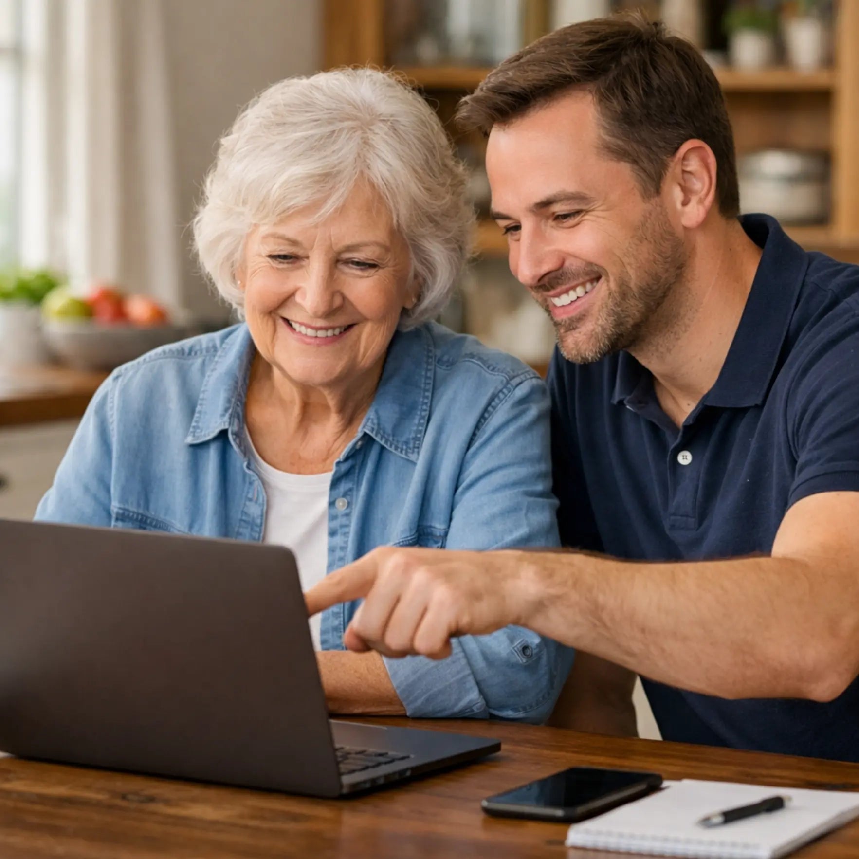 Senior woman receiving one-on-one tech help with a laptop at home, learning technology with patient guidance