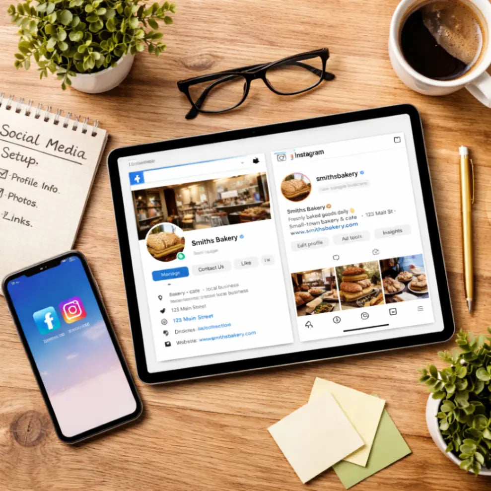 Bird’s-eye view of a tablet displaying Facebook and Instagram business profiles on a desk, showing social media setup for a local business